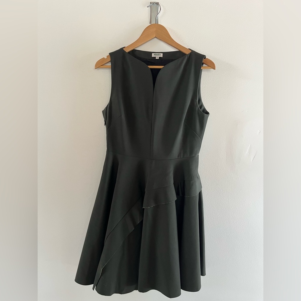 Kenzo Paris || Asymmetrical Peplum Dark Hunter Green Wool Dress